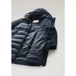 Abrigo Softshell de Satén con Plumón de Pato