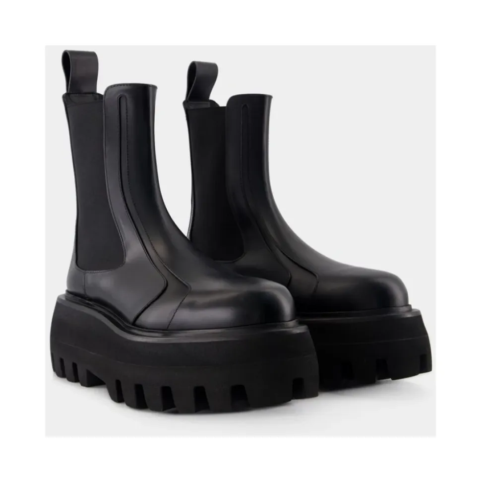Botas de Goma de Cuero Negro Slip-On