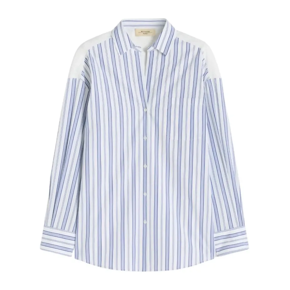 Camisa Abotonada de Popelina a Rayas con Bordado Inglés Tessile
