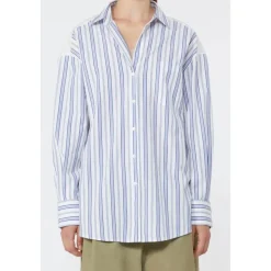 Camisa Abotonada de Popelina a Rayas con Bordado Inglés Tessile