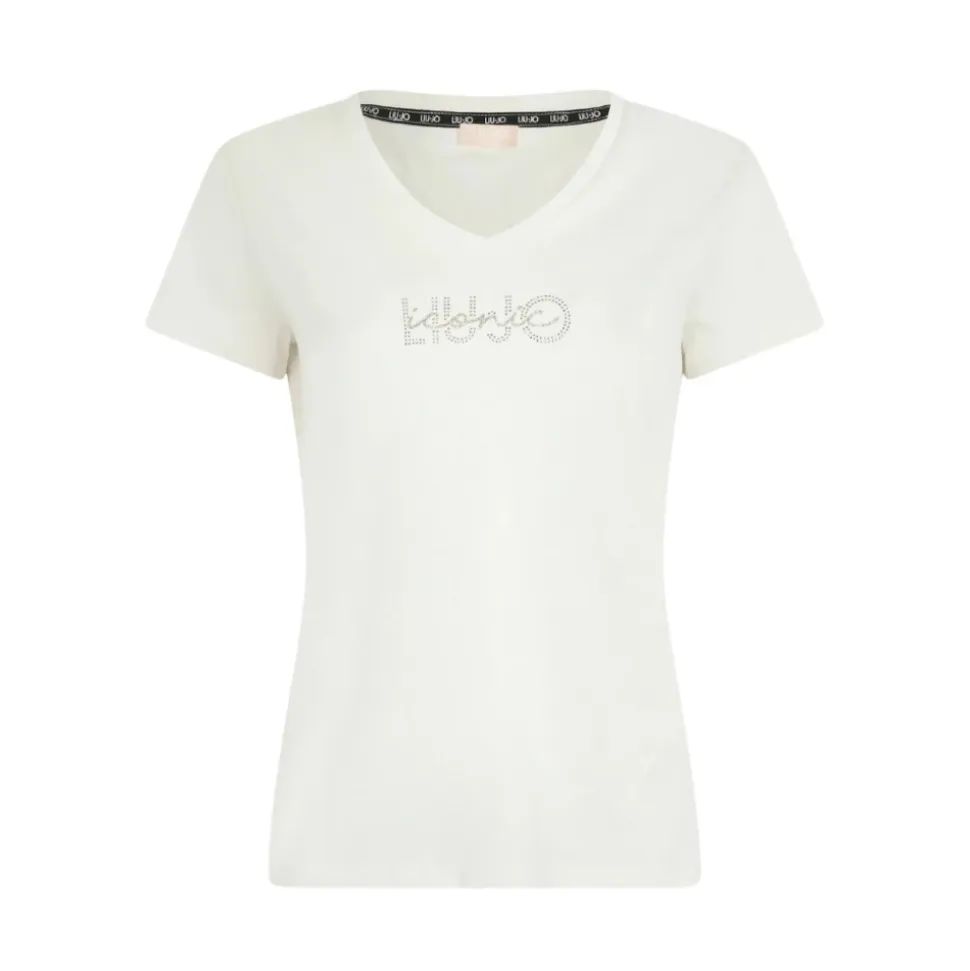 Camiseta Blanca de Algodón con Logo de Estrás