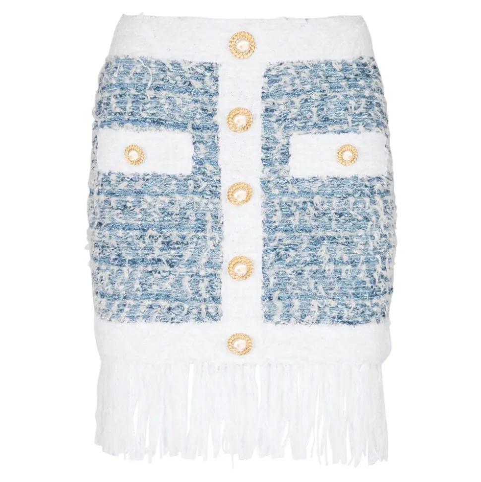 Falda de tweed denim con flecos