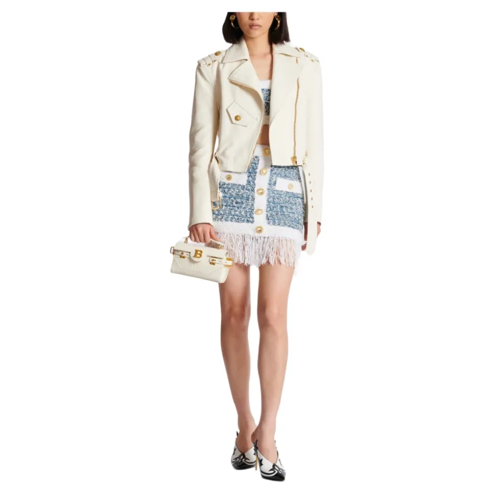 Falda de tweed denim con flecos