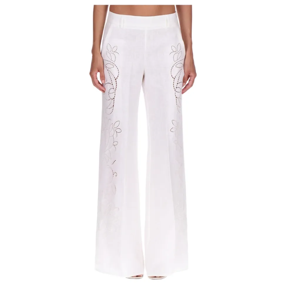 Pantalones Anchos de Lino con Bordado Sangallo