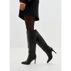 Timeless Black Leather Knee-High Boots - Sleek High Heel Footwear - Black
