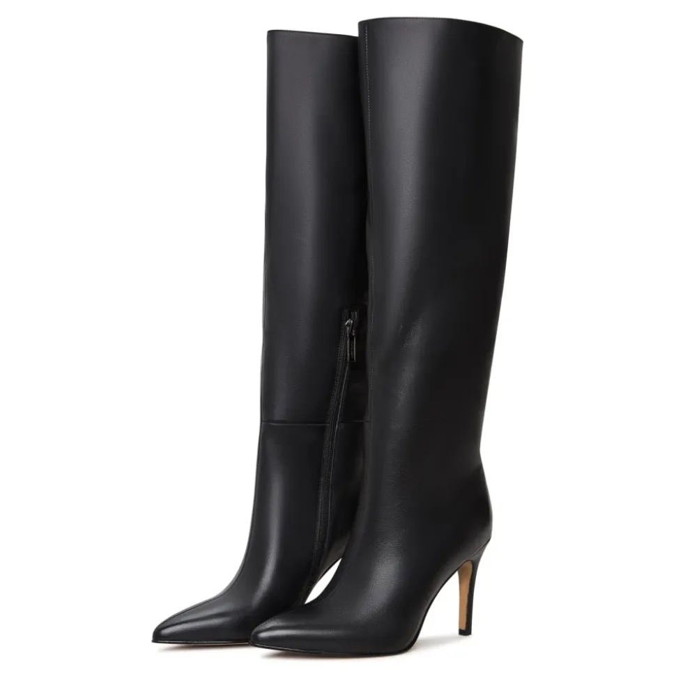 Timeless Black Leather Knee-High Boots - Sleek High Heel Footwear - Black