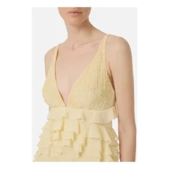 Vestido Amarillo de Georgette con Encaje y Cristales
