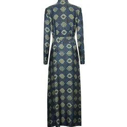 Vestido Azul de Manga Larga con Estampado a Mano