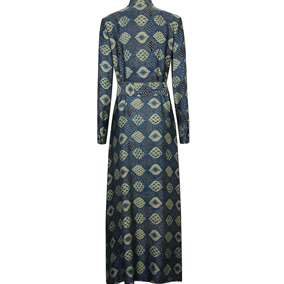 Vestido Azul de Manga Larga con Estampado a Mano