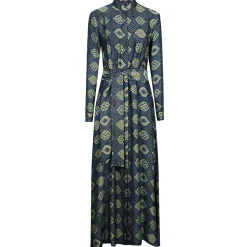 Vestido Azul de Manga Larga con Estampado a Mano