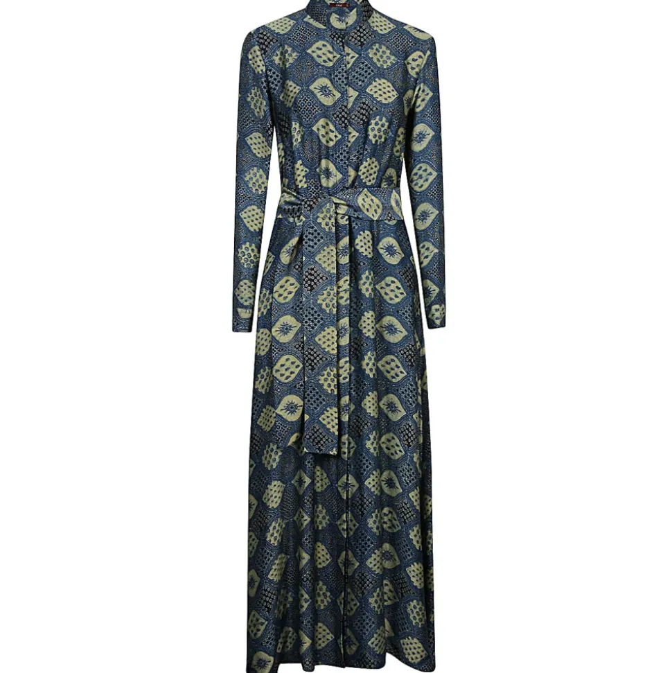 Vestido Azul de Manga Larga con Estampado a Mano