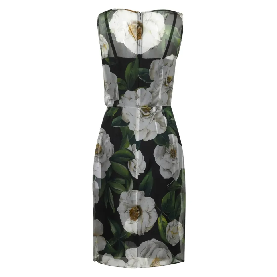 Vestido con estampado de Gardenias y cuello drapeado