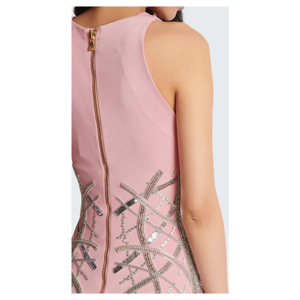 Vestido corto de jersey bordado sin mangas