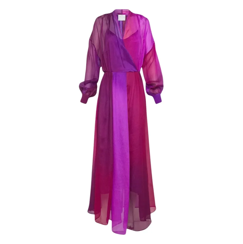 Vestido Largo de Manga Larga con Cuello en V de Crepé de Seda