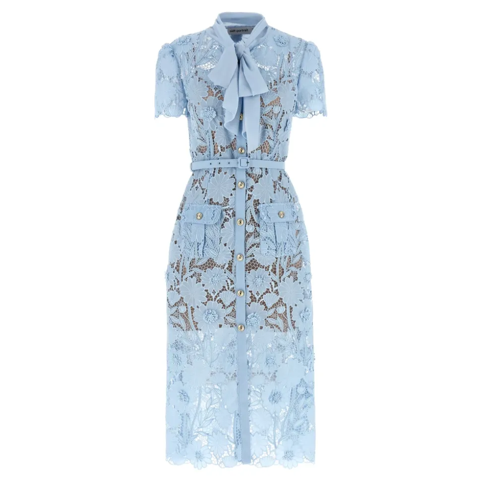 Vestido Midi Azul de Encaje con Lazo al Cuello