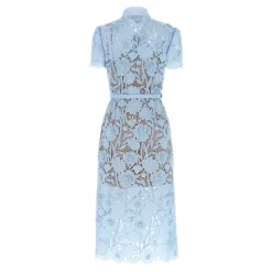 Vestido Midi Azul de Encaje con Lazo al Cuello