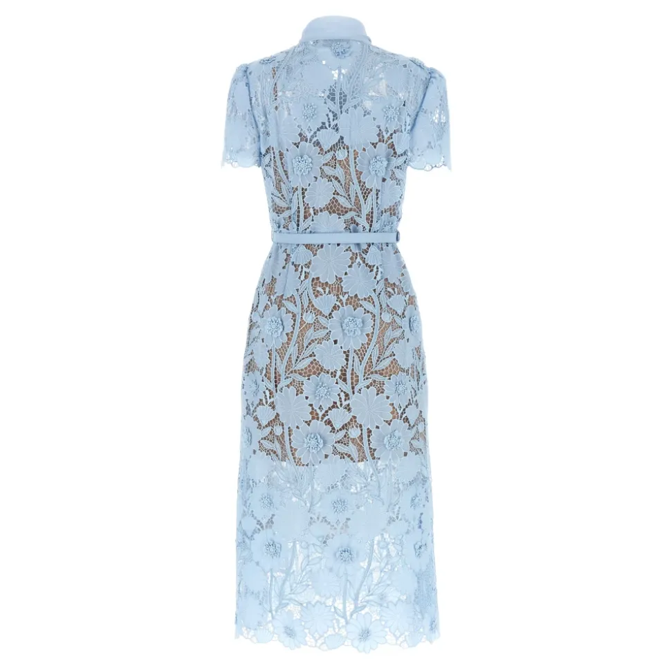 Vestido Midi Azul de Encaje con Lazo al Cuello