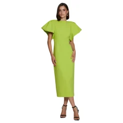 Vestido Midi Crepe Pistacho Mangas Abullonadas