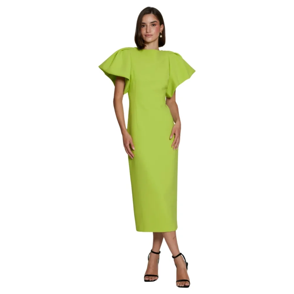 Vestido Midi Crepe Pistacho Mangas Abullonadas