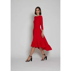 Vestido Midi Rojo con Cuello Redondo