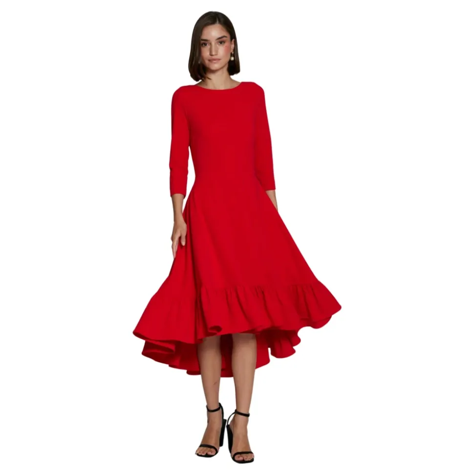 Vestido Midi Rojo con Cuello Redondo