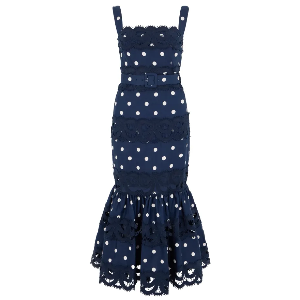 Vestido midi sin mangas de lino con lunares y cinturón