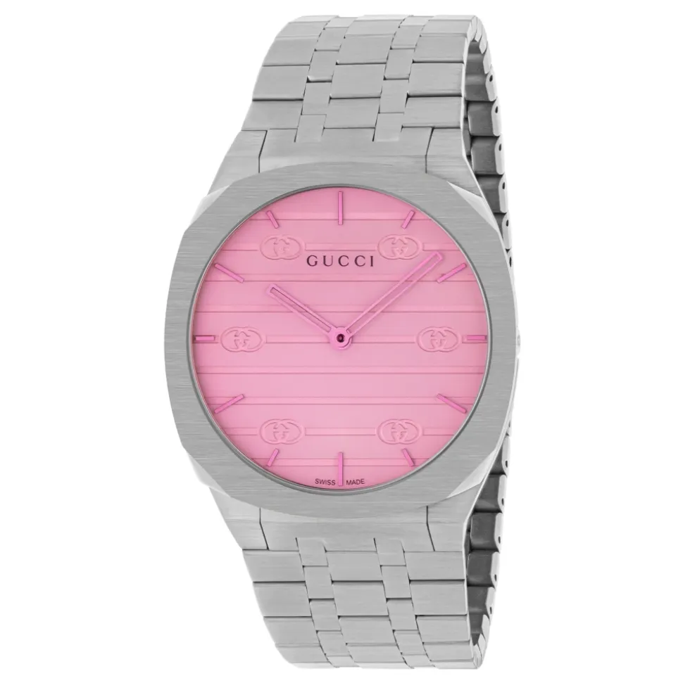 YA163410 - Caja de acero inoxidable de 38 mm de varias capas, esfera blanca con motivo Interlocking G y cristal rosa, pulsera de acero inoxidable de cinco eslabones