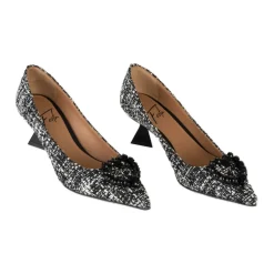 Zapatos de Salón de Tacón en Tweed Blanco con Joya de Corazón