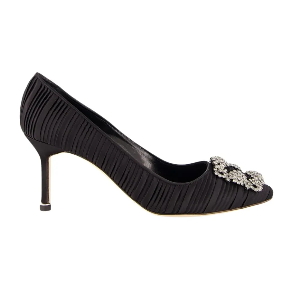 Zapatos de Satén Negro con Hebilla de Cristal