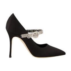 Zapatos de tacón de satén negro con correa de cristal